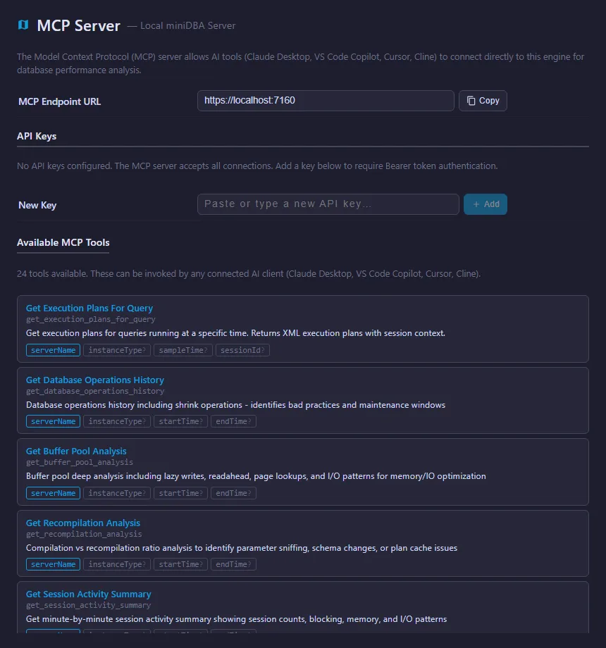 Mini DBA MCP Server settings showing the endpoint, managed API keys and available monitoring tools
